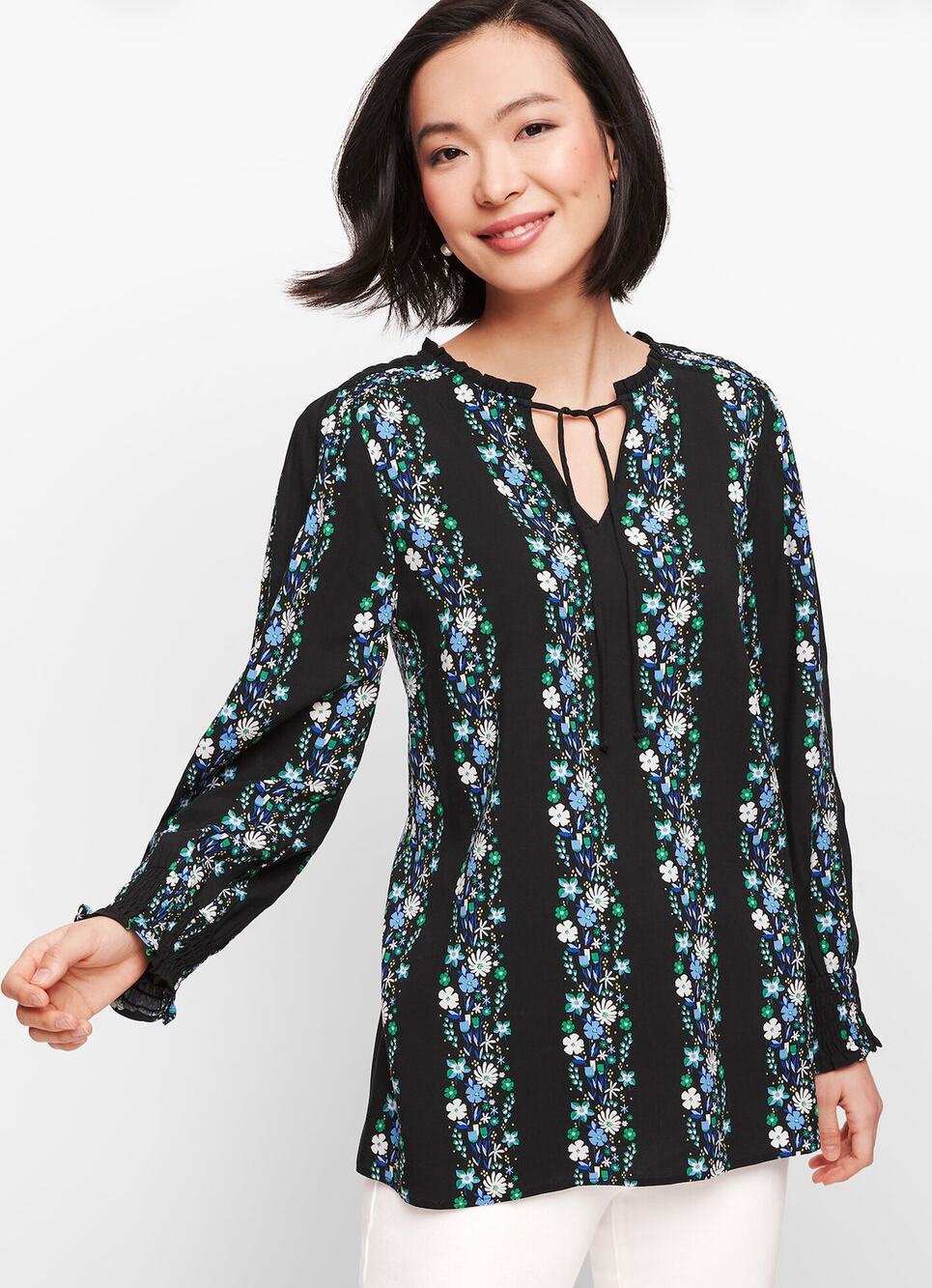 Talbots Womens L Black Blue Floral Stripe Tie Neck Smocked Top Rayon NEW